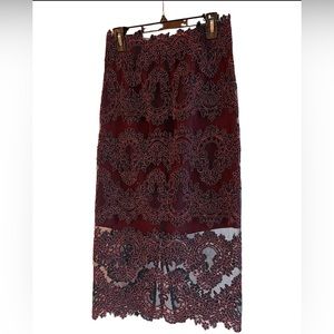 NWT Sandro Paris lace overlay medium burgundy and blue midi skirt